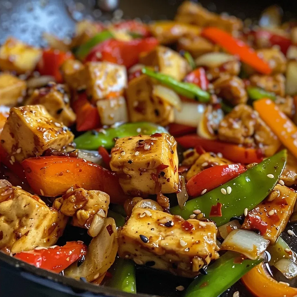 ['Close-up of a vibrant Vegan Teriyaki Tofu Stir Fry with colorful vegetables.', 'Side view of a delicious Vegan Teriyaki Tofu Stir Fry showcasing tofu and fresh veggies.', 'Juicy Vegan Teriyaki Tofu Stir Fry with red bell peppers, carrots, and green beans.', 'Detailed shot of Vegan Teriyaki Tofu Stir Fry featuring cubed tofu and various colorful ingredients.']