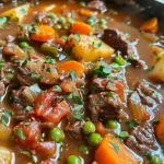 ['A close-up view of steaming Vegetable Beef Soup in a bowl, showcasing colorful vegetables and tender beef chunks.', 'A side view of a hearty Vegetable Beef Soup filled with diced tomatoes, carrots, and green beans, in a rustic bowl.', 'A vibrant bowl of Vegetable Beef Soup, highlighting the rich broth and fresh ingredients like celery and parsley.', 'The image features a delicious Vegetable Beef Soup, with visible pieces of beef, potatoes, and herbs, captured in natural light.']