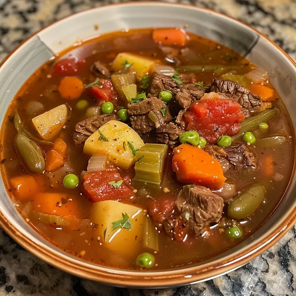 ['A close-up view of steaming Vegetable Beef Soup in a bowl, showcasing colorful vegetables and tender beef chunks.', 'A side view of a hearty Vegetable Beef Soup filled with diced tomatoes, carrots, and green beans, in a rustic bowl.', 'A vibrant bowl of Vegetable Beef Soup, highlighting the rich broth and fresh ingredients like celery and parsley.', 'The image features a delicious Vegetable Beef Soup, with visible pieces of beef, potatoes, and herbs, captured in natural light.']