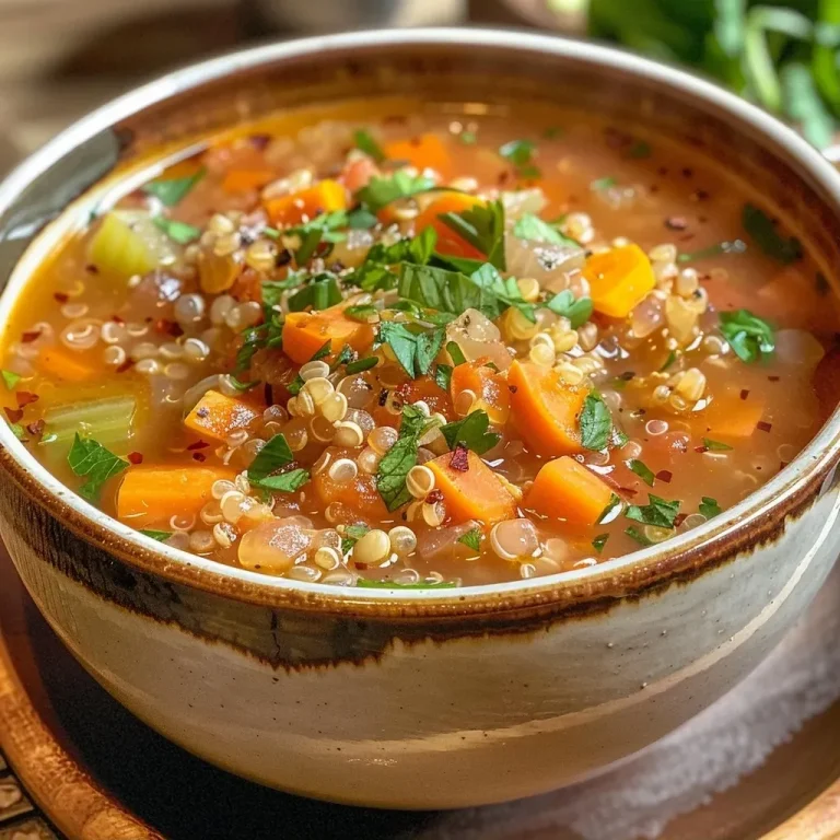 ['Close-up view of a vibrant bowl of Vegetable Quinoa Soup, showcasing fresh vegetables and quinoa.', 'Side view of a steaming bowl of hearty Vegetable Quinoa Soup filled with colorful ingredients.', 'Detailed view of Vegetable Quinoa Soup with visible chunks of carrots, celery, and greens.', 'Freshly prepared Vegetable Quinoa Soup displayed in a rustic bowl, glistening with olive oil.']