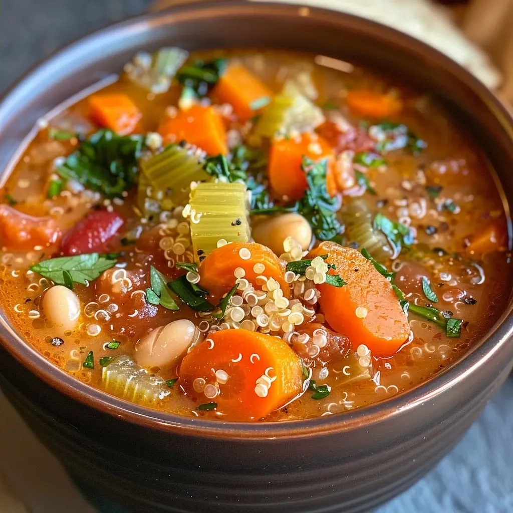 ['Close-up view of a vibrant bowl of Vegetable Quinoa Soup, showcasing fresh vegetables and quinoa.', 'Side view of a steaming bowl of hearty Vegetable Quinoa Soup filled with colorful ingredients.', 'Detailed view of Vegetable Quinoa Soup with visible chunks of carrots, celery, and greens.', 'Freshly prepared Vegetable Quinoa Soup displayed in a rustic bowl, glistening with olive oil.']