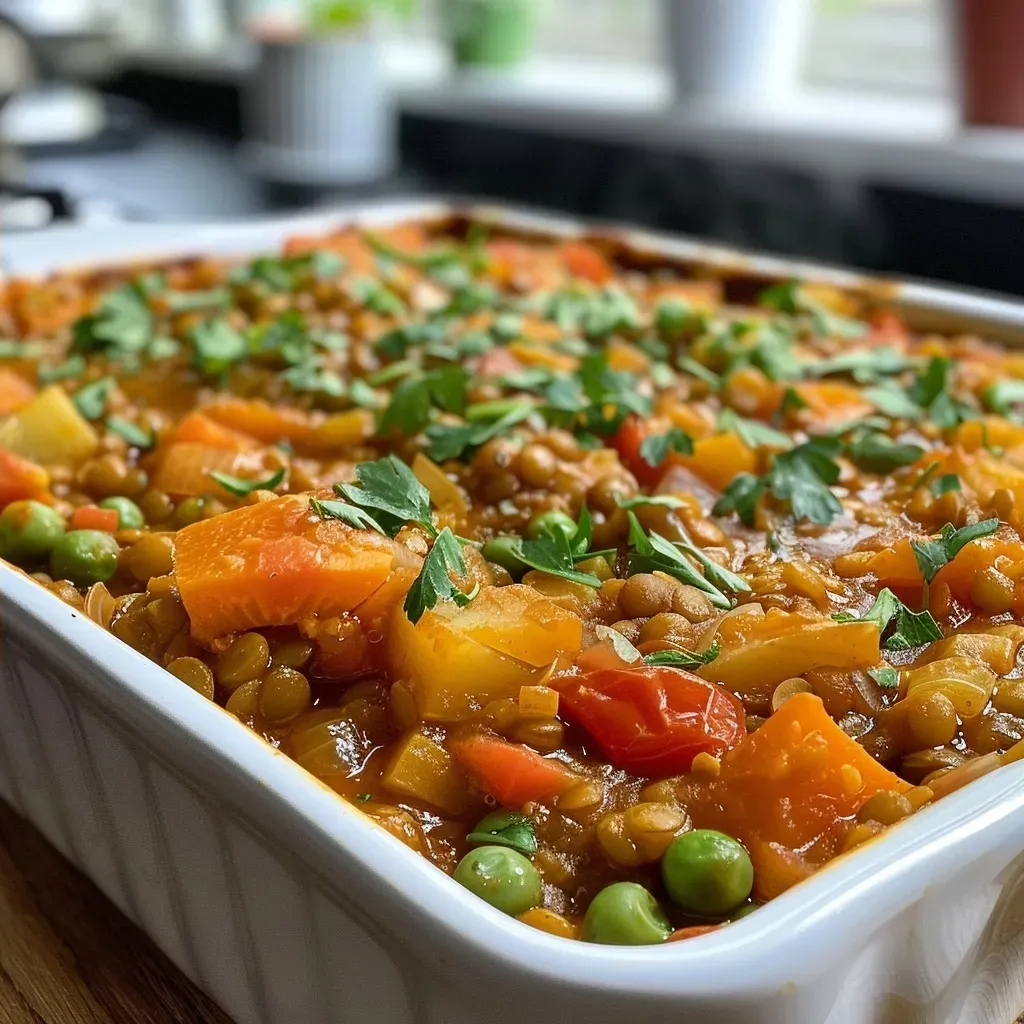 ['Juicy Vegetarian Lentil Casserole with colorful ingredients, viewed from the side.', 'Close-up of a hearty Vegetarian Lentil Casserole, showcasing layers of vegetables and cheese.', 'Side view of a steaming Vegetarian Lentil Casserole, featuring lentils and vibrant vegetables.', 'Delicious Vegetarian Lentil Casserole, displaying a rich topping of melted cheese and herbs.']