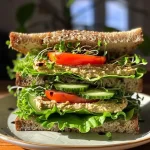 ['A close-up of a Veggie Mediterranean Sandwich featuring layers of fresh vegetables.', 'A vibrant Mediterranean sandwich with lettuce, tomato, cucumber, and roasted red peppers.', 'Side view of a delicious sandwich loaded with alfalfa sprouts and hummus spread.', 'A juicy Veggie Mediterranean Sandwich showcasing colorful ingredients and textures.']
