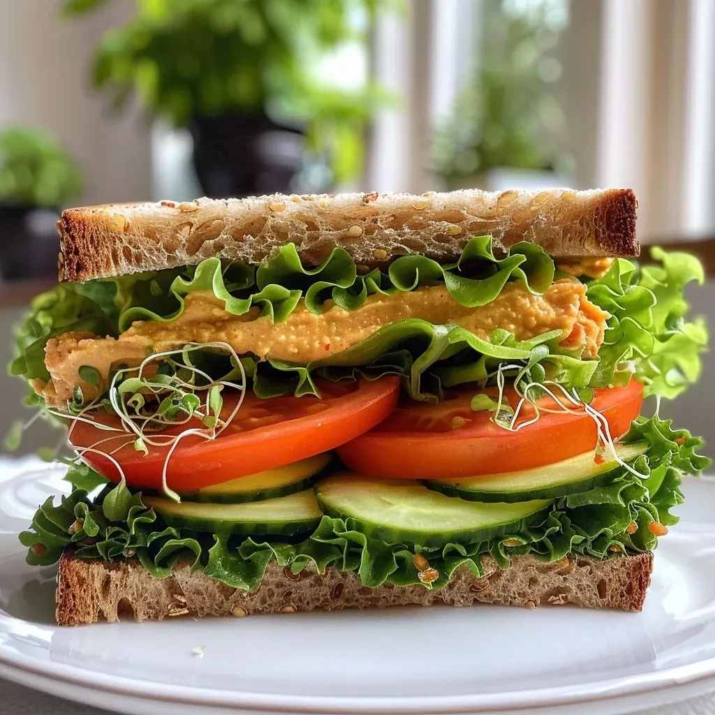 ['A close-up of a Veggie Mediterranean Sandwich featuring layers of fresh vegetables.', 'A vibrant Mediterranean sandwich with lettuce, tomato, cucumber, and roasted red peppers.', 'Side view of a delicious sandwich loaded with alfalfa sprouts and hummus spread.', 'A juicy Veggie Mediterranean Sandwich showcasing colorful ingredients and textures.']