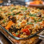 ['Close-up of a colorful veggie-packed quinoa casserole with melted cheese on top.', 'Side view of a quinoa casserole filled with various vegetables and grains, showcasing vibrant colors.', 'Juicy quinoa casserole layered with fresh vegetables, viewed from the side, on a wooden surface.', 'Detailed shot of a healthy quinoa casserole, emphasizing its rich textures and colorful ingredients.']