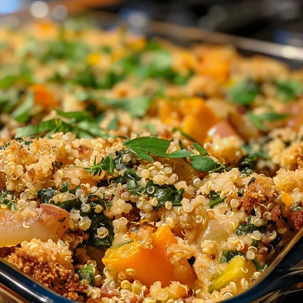 ['Close-up of a colorful veggie-packed quinoa casserole with melted cheese on top.', 'Side view of a quinoa casserole filled with various vegetables and grains, showcasing vibrant colors.', 'Juicy quinoa casserole layered with fresh vegetables, viewed from the side, on a wooden surface.', 'Detailed shot of a healthy quinoa casserole, emphasizing its rich textures and colorful ingredients.']