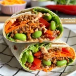 ['Close-up view of a colorful veggie wrap filled with fresh ingredients.', 'Side view of a juicy veggie wrap showcasing layers of vegetables and cheese.', 'Healthy veggie wrap with edamame, lentils, and vibrant sliced vegetables.', 'Tasty veggie wrap featuring lettuce, red bell pepper, and sun-dried tomatoes.']