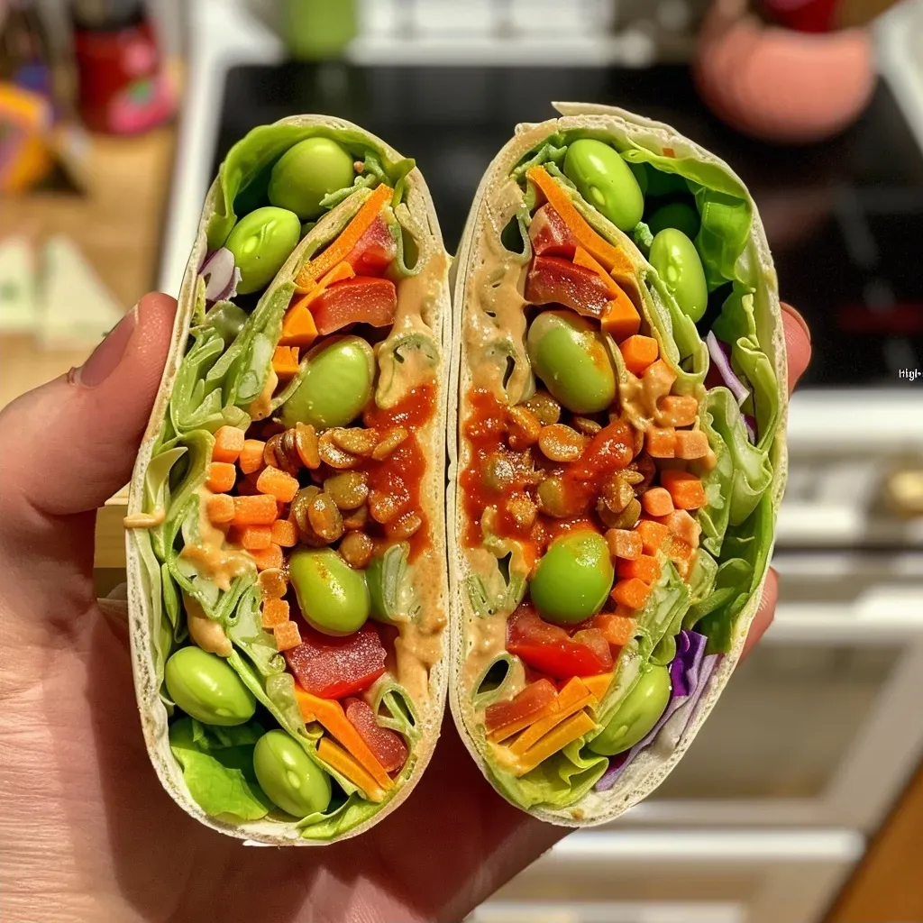 ['Close-up view of a colorful veggie wrap filled with fresh ingredients.', 'Side view of a juicy veggie wrap showcasing layers of vegetables and cheese.', 'Healthy veggie wrap with edamame, lentils, and vibrant sliced vegetables.', 'Tasty veggie wrap featuring lettuce, red bell pepper, and sun-dried tomatoes.']