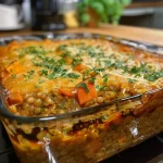 ['Close-up view of a slice of Very Veggie Lentil Bake showing vibrant vegetables and a golden cheese topping.', 'Side view of a colorful Very Veggie Lentil Bake highlighting the ingredients like leeks, peppers, and mushrooms.', 'Juicy and textured slice of Very Veggie Lentil Bake with a rich cheese crust and visible lentils.', 'Detailed shot of a portion of Very Veggie Lentil Bake, showcasing layers of vegetables and lentils.']