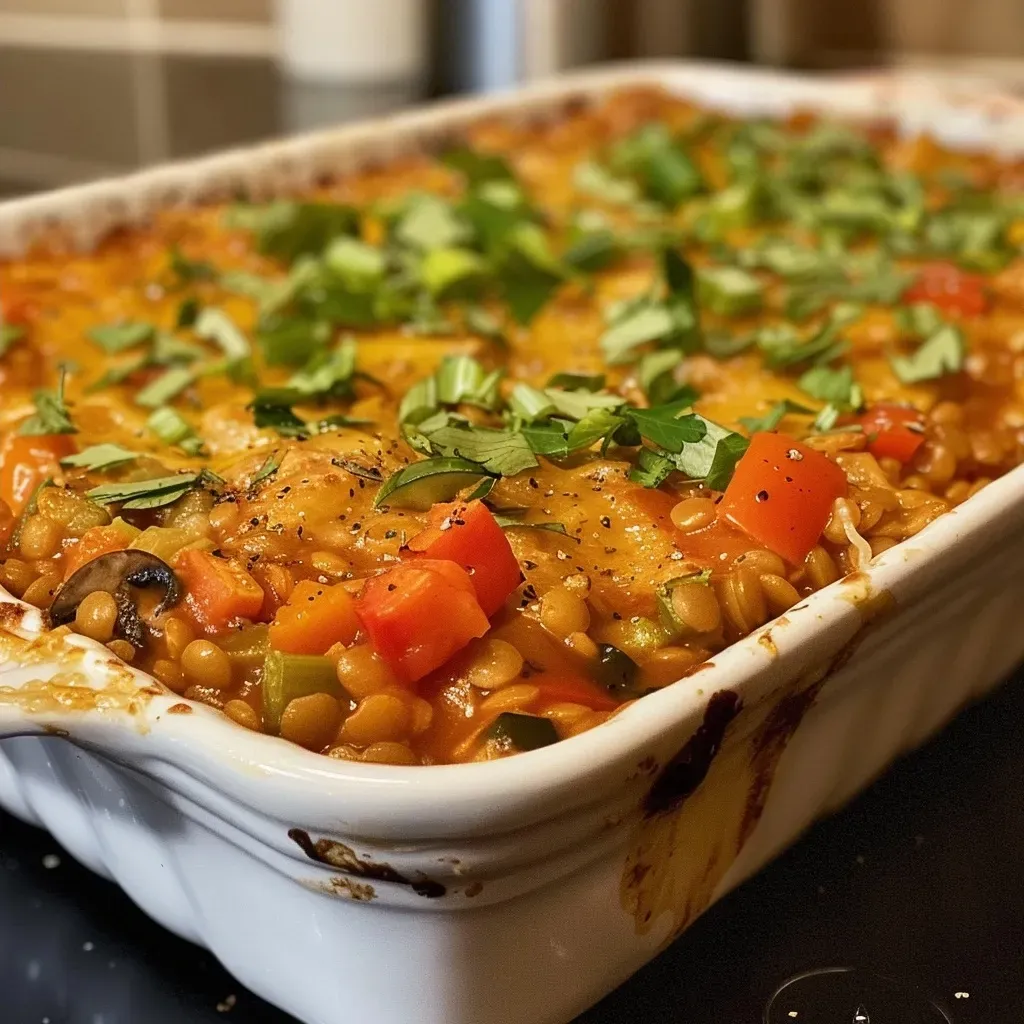 ['Close-up view of a slice of Very Veggie Lentil Bake showing vibrant vegetables and a golden cheese topping.', 'Side view of a colorful Very Veggie Lentil Bake highlighting the ingredients like leeks, peppers, and mushrooms.', 'Juicy and textured slice of Very Veggie Lentil Bake with a rich cheese crust and visible lentils.', 'Detailed shot of a portion of Very Veggie Lentil Bake, showcasing layers of vegetables and lentils.']