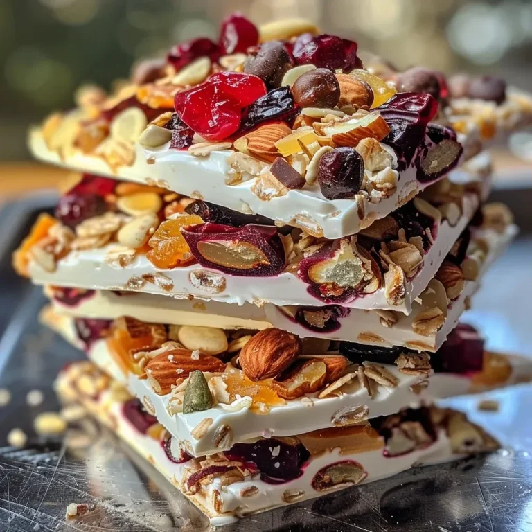 ['Close-up view of a slice of yogurt bark topped with fresh fruits and nuts.', 'A colorful yogurt bark with various toppings displayed on a wooden surface.', 'Side view of yogurt bark showcasing drizzled honey and vibrant toppings.', 'Delicious yogurt bark with a smooth texture and assorted toppings.']