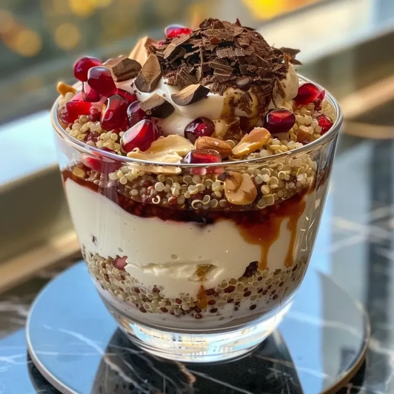 ['Close-up of a colorful yogurt quinoa parfait in a glass, showcasing layers of yogurt, quinoa, pomegranate, and cocoa nibs.', 'Side view of a delicious yogurt quinoa parfait, highlighting the vibrant layers of yogurt, fruit, and grains in an elegant presentation.', 'Detail of a yogurt quinoa parfait with visible layers of non-fat yogurt, pomegranate seeds, and quinoa, served in a transparent cup.', 'Close-up side angle of a yogurt quinoa parfait featuring textures of creamy yogurt, crunchy quinoa, and juicy pomegranate seeds.']