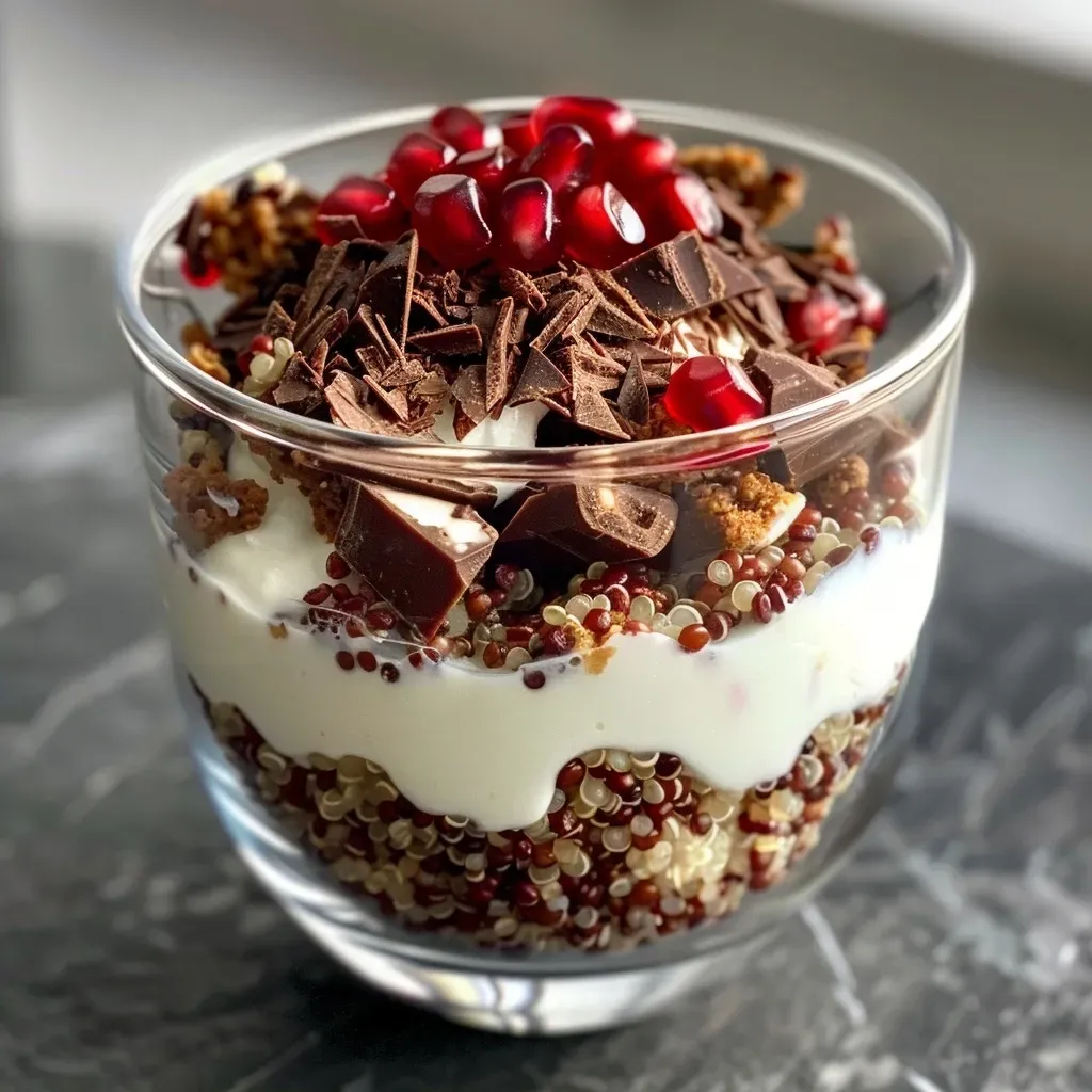 ['Close-up of a colorful yogurt quinoa parfait in a glass, showcasing layers of yogurt, quinoa, pomegranate, and cocoa nibs.', 'Side view of a delicious yogurt quinoa parfait, highlighting the vibrant layers of yogurt, fruit, and grains in an elegant presentation.', 'Detail of a yogurt quinoa parfait with visible layers of non-fat yogurt, pomegranate seeds, and quinoa, served in a transparent cup.', 'Close-up side angle of a yogurt quinoa parfait featuring textures of creamy yogurt, crunchy quinoa, and juicy pomegranate seeds.']