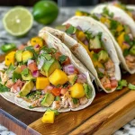 ['Juicy Zesty Tuna Tacos filled with vibrant mango avocado salsa.', 'Side view of Zesty Tuna Tacos showcasing fresh ingredients like mango and avocado.', 'Close-up of colorful Zesty Tuna Tacos garnished with cilantro and lime.', 'Delicious tuna tacos topped with diced mango and avocado, ready to eat.']