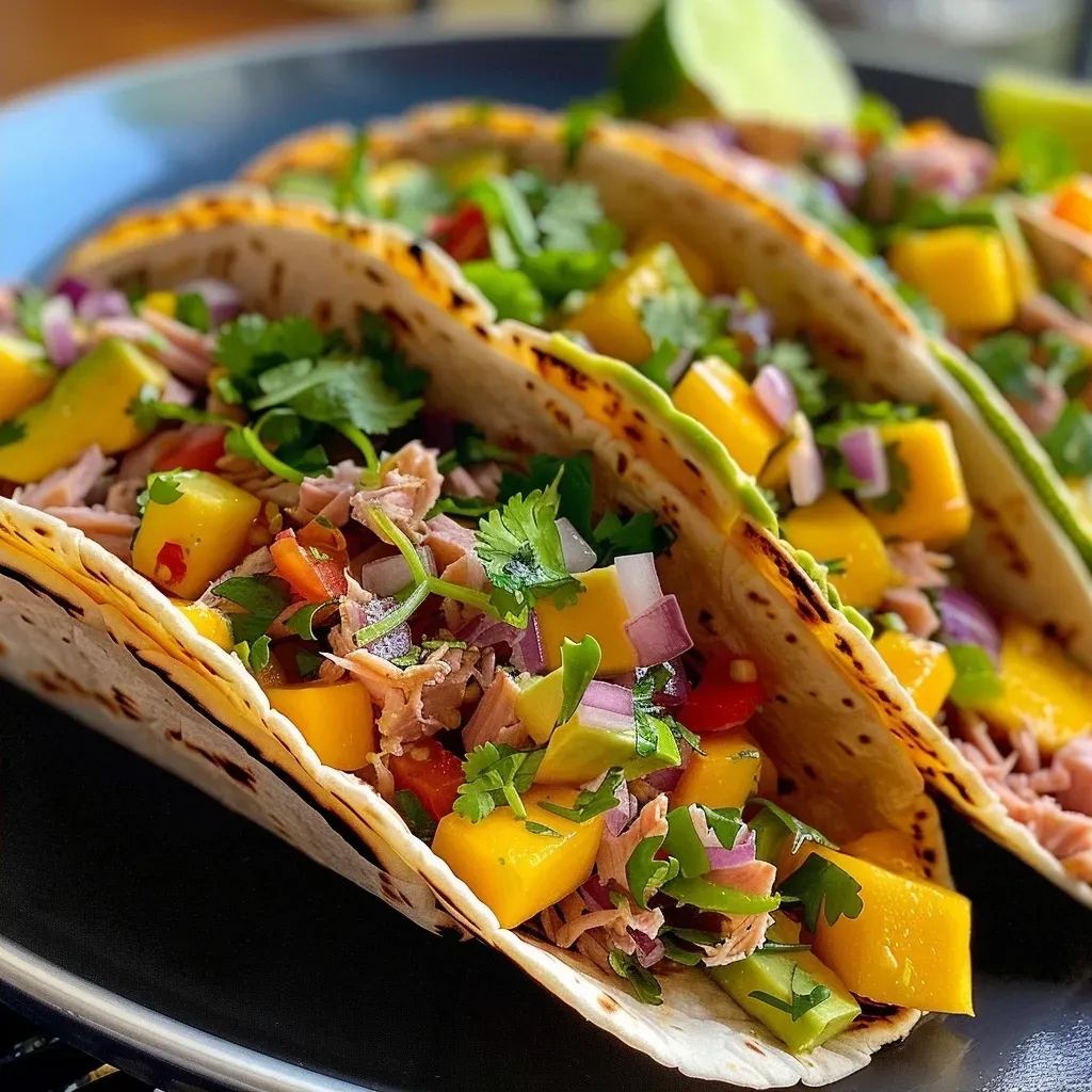 ['Juicy Zesty Tuna Tacos filled with vibrant mango avocado salsa.', 'Side view of Zesty Tuna Tacos showcasing fresh ingredients like mango and avocado.', 'Close-up of colorful Zesty Tuna Tacos garnished with cilantro and lime.', 'Delicious tuna tacos topped with diced mango and avocado, ready to eat.']