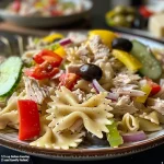 ['Close-up of a colorful Zesty Twisted Turkey Pasta Salad featuring vibrant ingredients.', 'Side view of a bowl filled with Zesty Twisted Turkey Pasta Salad, showcasing fresh vegetables and pasta.', 'Detailed image of Zesty Twisted Turkey Pasta Salad with julienned turkey and smoked provolone.', 'Close-up of a deliciously presented Zesty Twisted Turkey Pasta Salad with various colorful ingredients.']