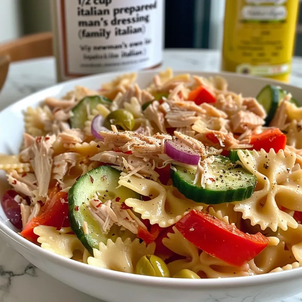 Close-up of a colorful Zesty Twisted Turkey Pasta Salad featuring vibrant ingredients.