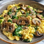 ['A close-up of fluffy scrambled eggs with spinach and mushrooms on a plate.', 'Juicy scrambled eggs with vibrant spinach and sliced mushrooms, served on a white dish.', 'A side view of scrambled eggs featuring fresh spinach and mushrooms, garnished with cheese.', 'A detailed photo of a delicious mushroom and spinach scrambled eggs breakfast dish.']