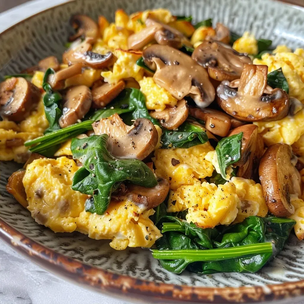 ['A close-up of fluffy scrambled eggs with spinach and mushrooms on a plate.', 'Juicy scrambled eggs with vibrant spinach and sliced mushrooms, served on a white dish.', 'A side view of scrambled eggs featuring fresh spinach and mushrooms, garnished with cheese.', 'A detailed photo of a delicious mushroom and spinach scrambled eggs breakfast dish.']