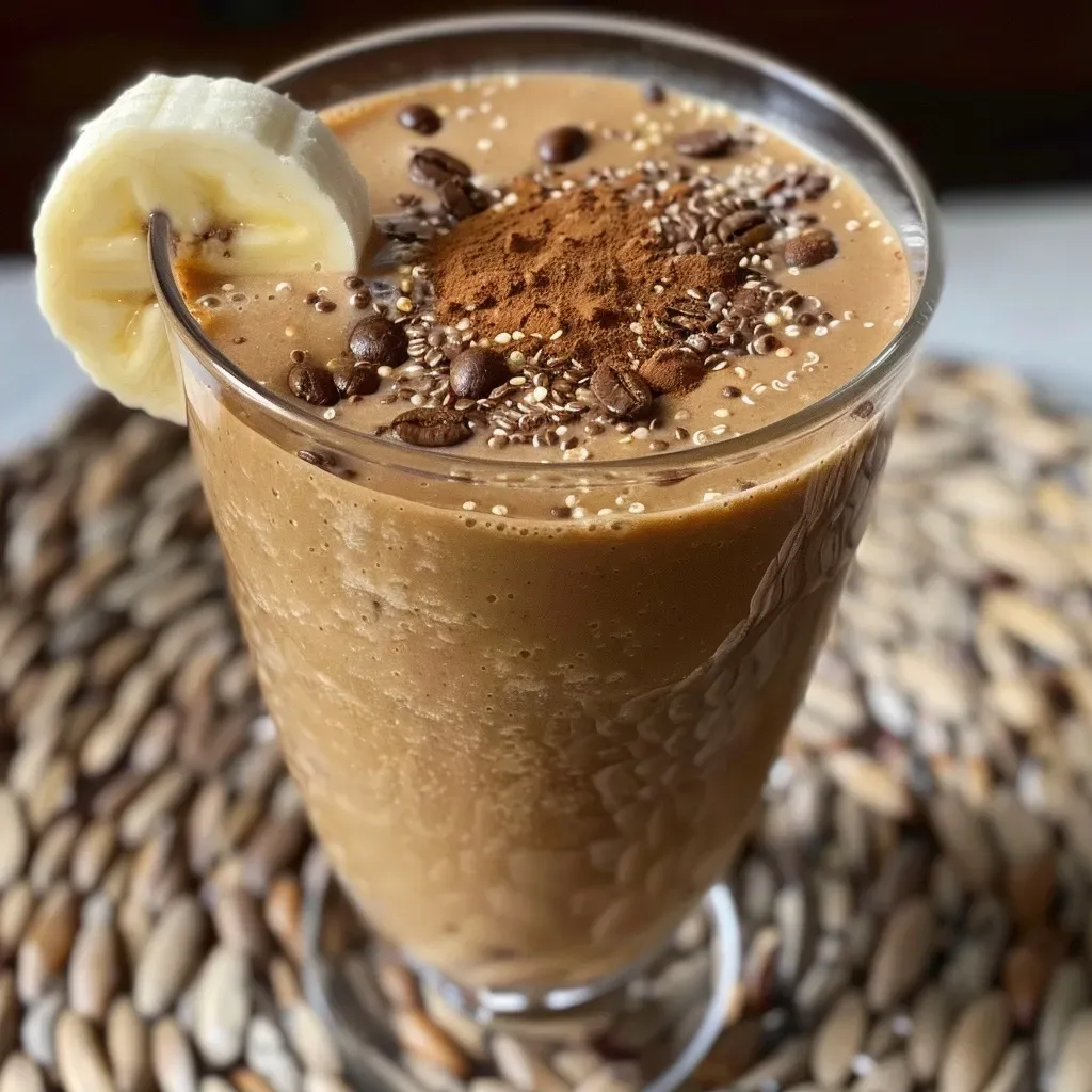 ['Side view of a quinoa smoothie with coffee in a clear glass, topped with a banana slice.', 'Close-up of a creamy quinoa smoothie with coffee, served in a stylish glass with a straw.', 'Delicious quinoa coffee smoothie with a rich texture, presented beautifully in a side view.', 'Refreshing smoothie made from quinoa and coffee, featuring a golden banana slice on top.']
