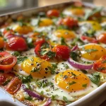 ['Close-up view of baked feta eggs with tomatoes and spinach in a ceramic dish.', 'Side view of a serving of baked feta eggs, featuring melted cheese and colorful vegetables.', 'Image shows a vibrant plate of baked feta eggs, highlighting cherry tomatoes and spinach.', 'Detailed view of baked feta eggs topped with herbs, showcasing a blend of colorful ingredients.']
