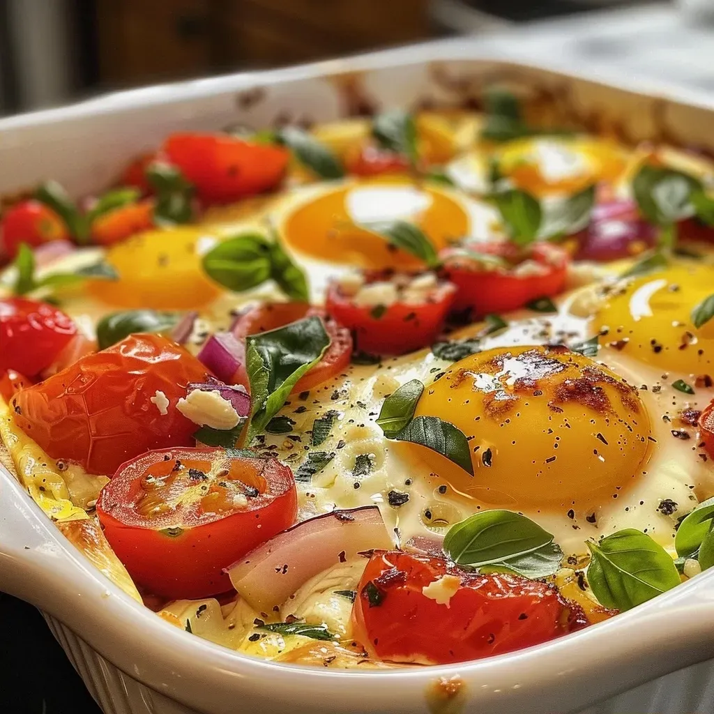 Close-up view of baked feta eggs with tomatoes and spinach in a ceramic dish.