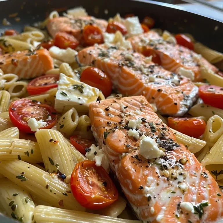 ['Close-up view of Baked Feta Pasta topped with salmon and cherry tomatoes.', 'Juicy Baked Feta Pasta with chunks of salmon and vibrant cherry tomatoes.', 'Side view of a creamy Baked Feta Pasta dish featuring salmon and herbs.', 'A serving of Baked Feta Pasta garnished with cooked salmon and garlic.']