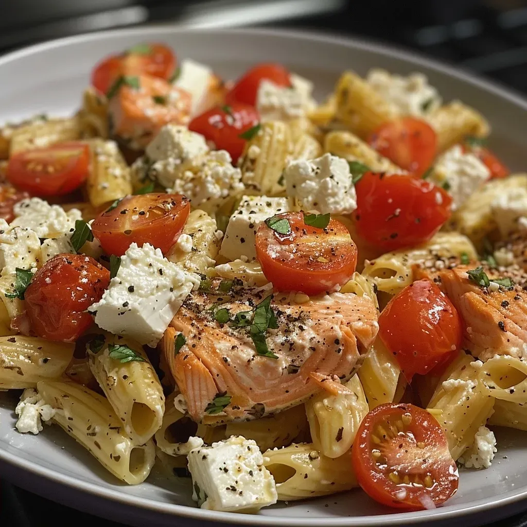 ['Close-up view of Baked Feta Pasta topped with salmon and cherry tomatoes.', 'Juicy Baked Feta Pasta with chunks of salmon and vibrant cherry tomatoes.', 'Side view of a creamy Baked Feta Pasta dish featuring salmon and herbs.', 'A serving of Baked Feta Pasta garnished with cooked salmon and garlic.']