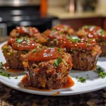 ['Juicy BBQ Meatloaf Muffins arranged on a plate, showcasing their texture and glaze.', 'Close-up of BBQ Meatloaf Muffins topped with barbecue sauce and parsley garnish.', 'Side view of a stack of BBQ Meatloaf Muffins, displaying quinoa and beef mixture.', 'Appetizing BBQ Meatloaf Muffins with a shiny glaze and herbs in focus.']