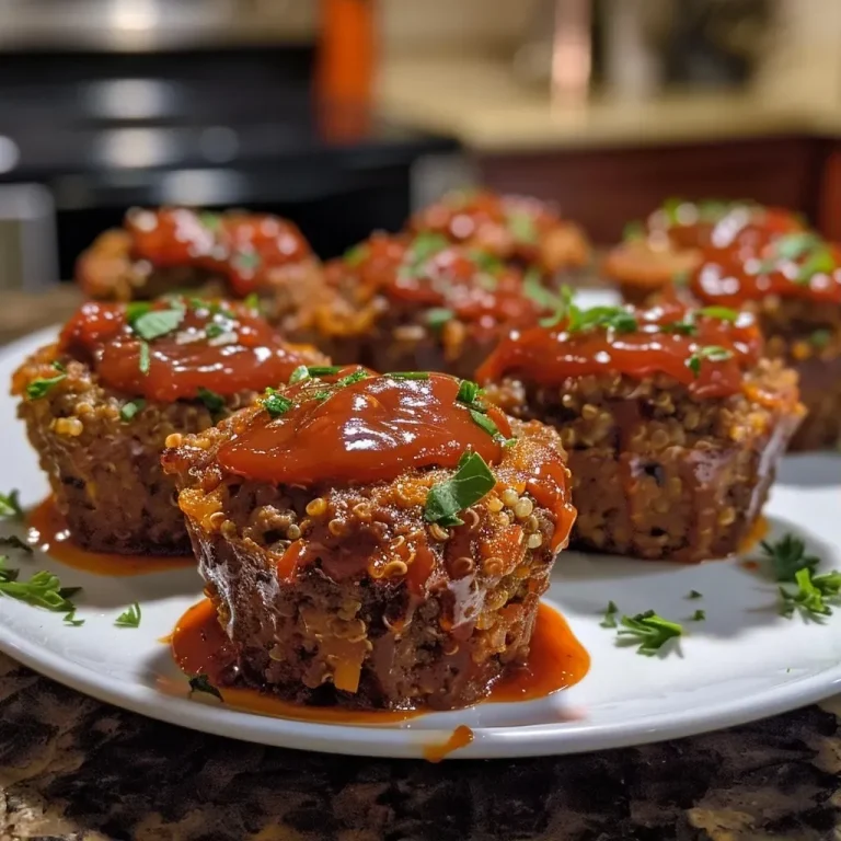 ['Juicy BBQ Meatloaf Muffins arranged on a plate, showcasing their texture and glaze.', 'Close-up of BBQ Meatloaf Muffins topped with barbecue sauce and parsley garnish.', 'Side view of a stack of BBQ Meatloaf Muffins, displaying quinoa and beef mixture.', 'Appetizing BBQ Meatloaf Muffins with a shiny glaze and herbs in focus.']