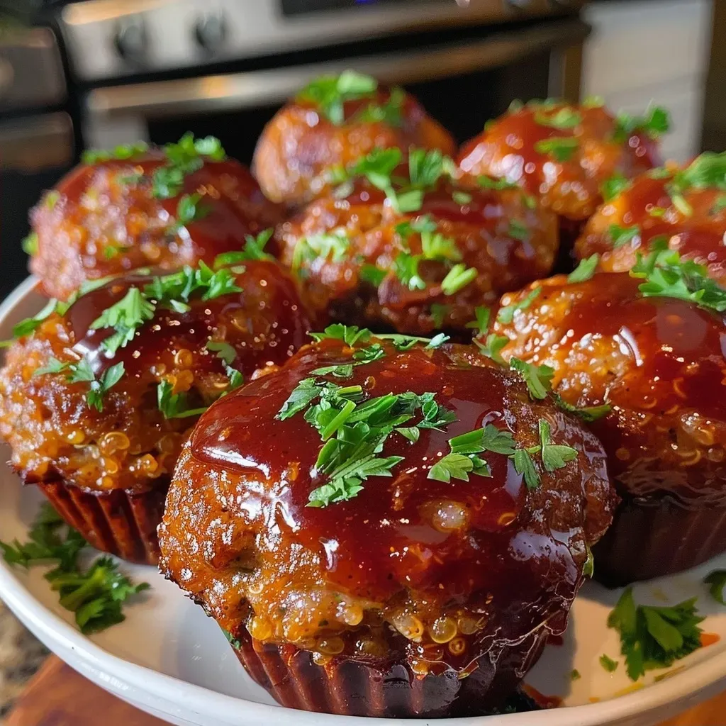 Juicy BBQ Meatloaf Muffins arranged on a plate, showcasing their texture and glaze.