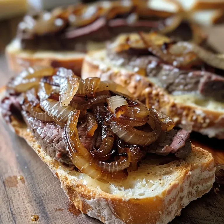 ['A close-up side view of a delicious Beef and Caramelized Onion Tartine with visible layers and textures.', 'Juicy Beef Tartine topped with golden-brown caramelized onions on toasted country bread.', 'A side view showing Beef and Caramelized Onion Tartine garnished with arugula and cheese.', 'Close-up image of a Beef Tartine with rich caramelized onions and herbs on grilled bread.']