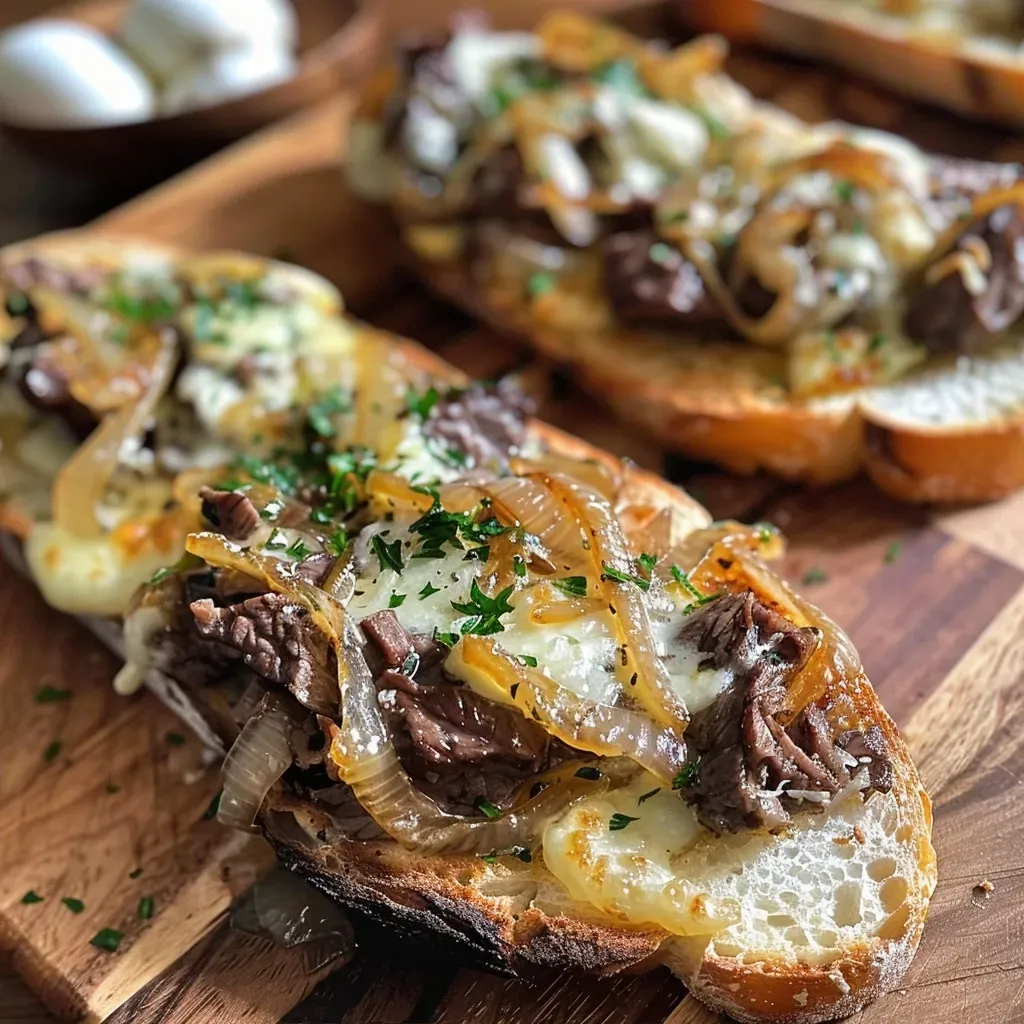 ['A close-up side view of a delicious Beef and Caramelized Onion Tartine with visible layers and textures.', 'Juicy Beef Tartine topped with golden-brown caramelized onions on toasted country bread.', 'A side view showing Beef and Caramelized Onion Tartine garnished with arugula and cheese.', 'Close-up image of a Beef Tartine with rich caramelized onions and herbs on grilled bread.']