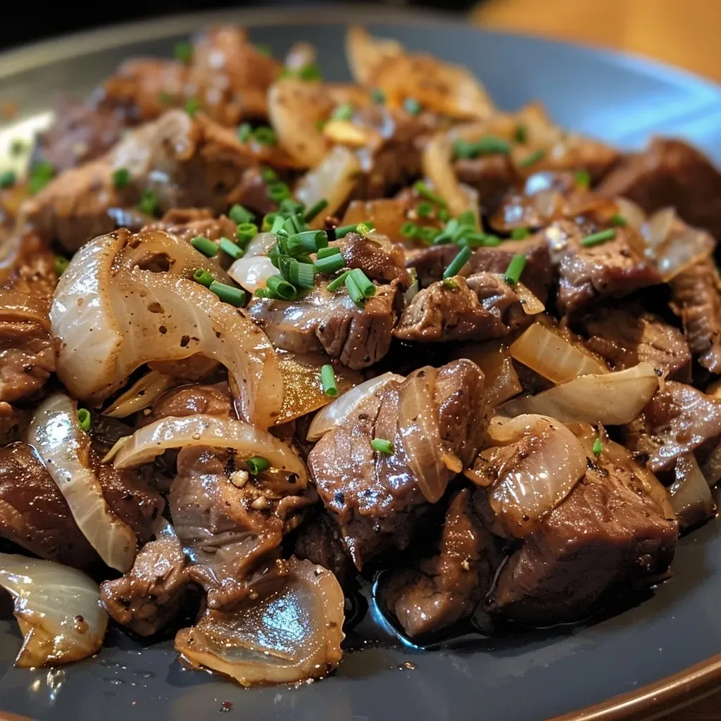 ['Close-up view of cooked beef liver and onions on a plate.', 'Juicy beef liver sliced and served with sautéed onions.', 'Side view of tender beef liver paired with caramelized onions.', 'Appetizing dish of beef liver and onions, garnished and plated.']