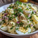 ['Close-up of creamy egg salad with diced vegetables.', 'Side view of a bowl filled with egg salad and herbs.', 'Juicy egg salad featuring chopped onions and bright green chives.', 'Delicious egg salad mixture showing ingredients like parsley and red onion.']