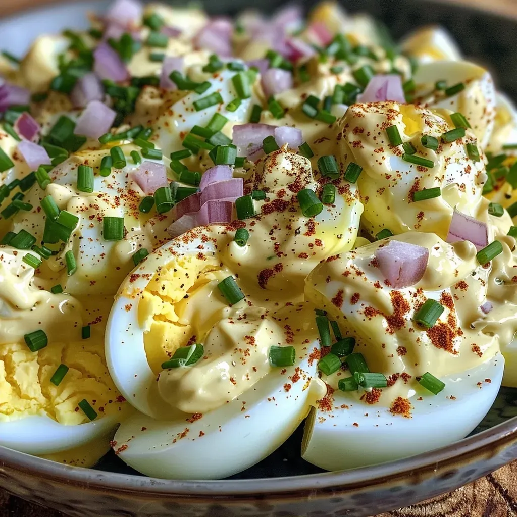 Close-up of creamy egg salad with diced vegetables.