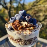 ['A close-up view of a Blueberry Quinoa Parfait layered with yogurt, quinoa, and blueberries.', 'Side view of a delicious Blueberry Quinoa Parfait showcasing vibrant blueberries and creamy yogurt.', 'A detailed close-up of a parfait featuring quinoa, blueberries, and pecans arranged in a glass.', 'A colorful Blueberry Quinoa Parfait with visible layers of yogurt and fresh fruit, captured from the side.']