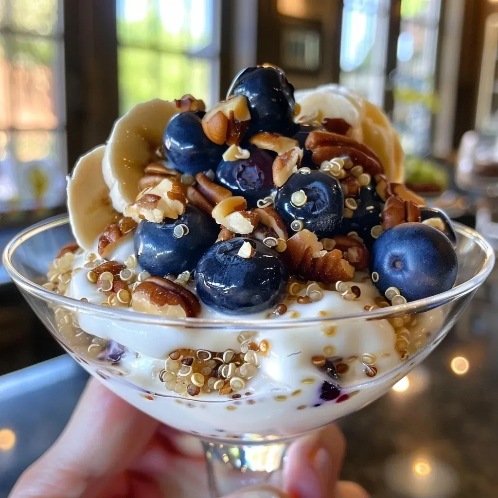 ['A close-up view of a Blueberry Quinoa Parfait layered with yogurt, quinoa, and blueberries.', 'Side view of a delicious Blueberry Quinoa Parfait showcasing vibrant blueberries and creamy yogurt.', 'A detailed close-up of a parfait featuring quinoa, blueberries, and pecans arranged in a glass.', 'A colorful Blueberry Quinoa Parfait with visible layers of yogurt and fresh fruit, captured from the side.']
