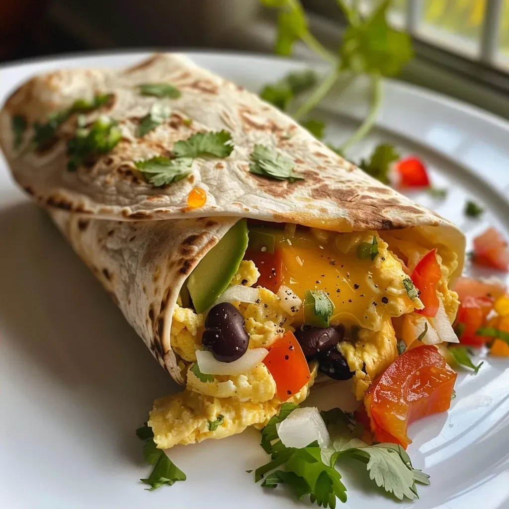 ['Close-up side view of a juicy breakfast burrito filled with eggs and colorful ingredients.', 'Delicious breakfast burrito showcasing eggs, black beans, and bell peppers in a whole-grain tortilla.', 'Side angle view of a hearty breakfast burrito with eggs, garnished with diced onions and cheese.', 'Mouthwatering breakfast burrito filled with eggs, beans, and peppers, served on a plate.']