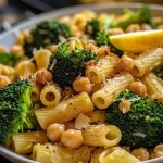 ['Close-up view of Broccoli Chickpea Pasta drizzled with garlic olive oil.', 'Serving of Broccoli Chickpea Pasta featuring vibrant green broccoli and chickpeas.', 'Side view of pasta dish with broccoli florets and a sprinkle of grated cheese.', 'Detailed look at a colorful bowl of Broccoli Chickpea Pasta with garlic and herbs.']