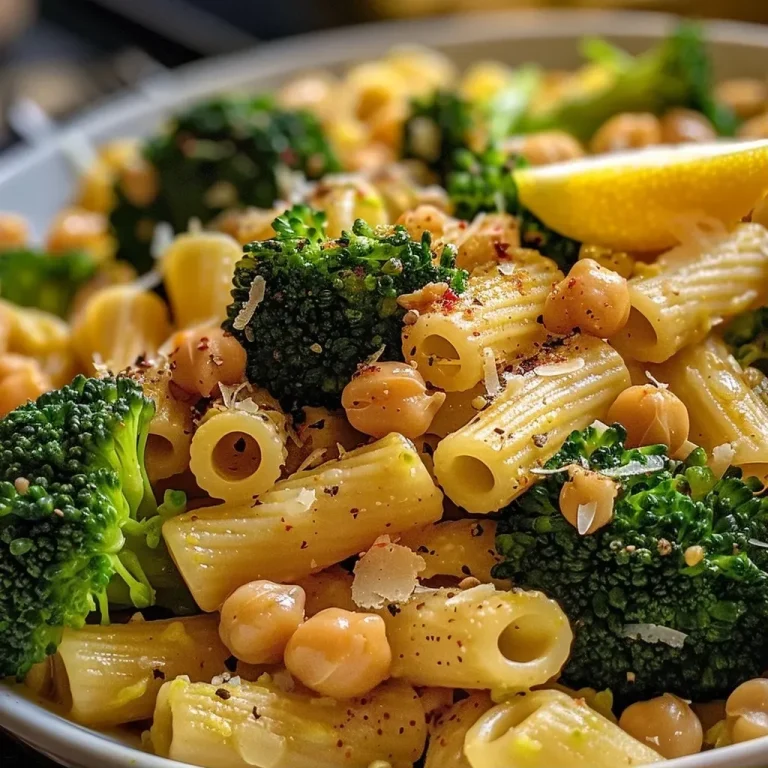 ['Close-up view of Broccoli Chickpea Pasta drizzled with garlic olive oil.', 'Serving of Broccoli Chickpea Pasta featuring vibrant green broccoli and chickpeas.', 'Side view of pasta dish with broccoli florets and a sprinkle of grated cheese.', 'Detailed look at a colorful bowl of Broccoli Chickpea Pasta with garlic and herbs.']