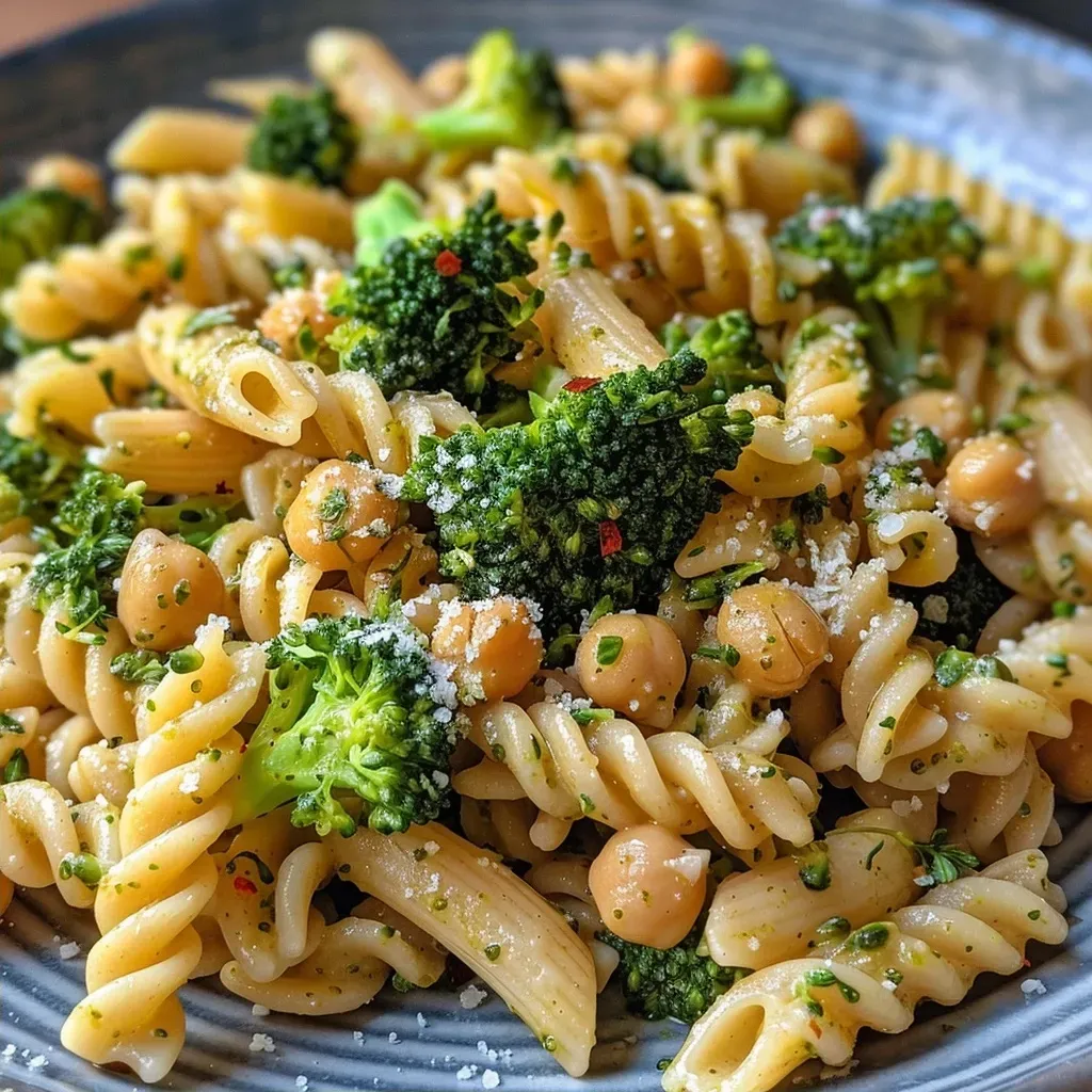 Close-up view of Broccoli Chickpea Pasta drizzled with garlic olive oil.