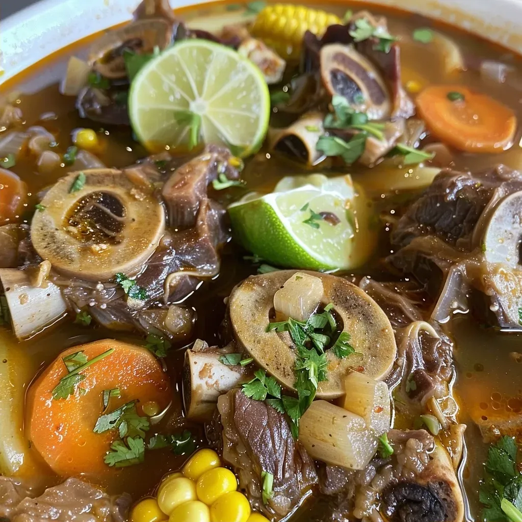 ['Close-up view of Caldo de Res, a Mexican beef soup with vibrant vegetables.', 'Hearty bowl of Caldo de Res showcasing beef shanks and colorful vegetables.', 'Juicy Caldo de Res soup with chunks of beef and fresh vegetables.', 'Delicious Mexican beef soup featuring rich broth and assorted vegetables.']