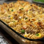 ['Close-up of a cheesy tuna casserole, showing golden cheese and pasta.', 'Side view of warm, baked tuna casserole with melted cheese topping.', 'A mouth-watering cheesy tuna casserole with visible pasta and vegetables.', 'Close-up view of a hearty tuna casserole, showcasing creamy texture and cheese.']