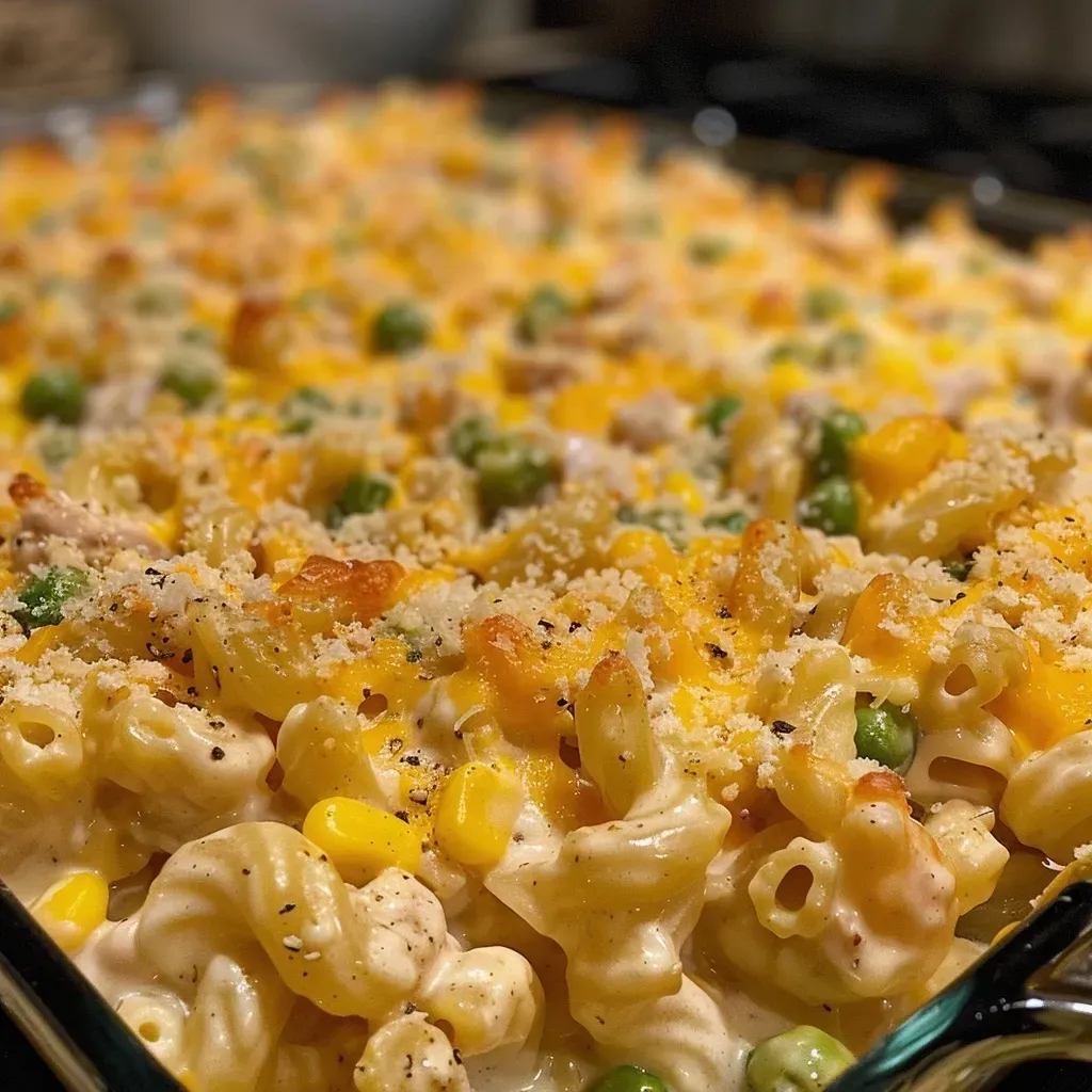 Close-up of a cheesy tuna casserole, showing golden cheese and pasta.