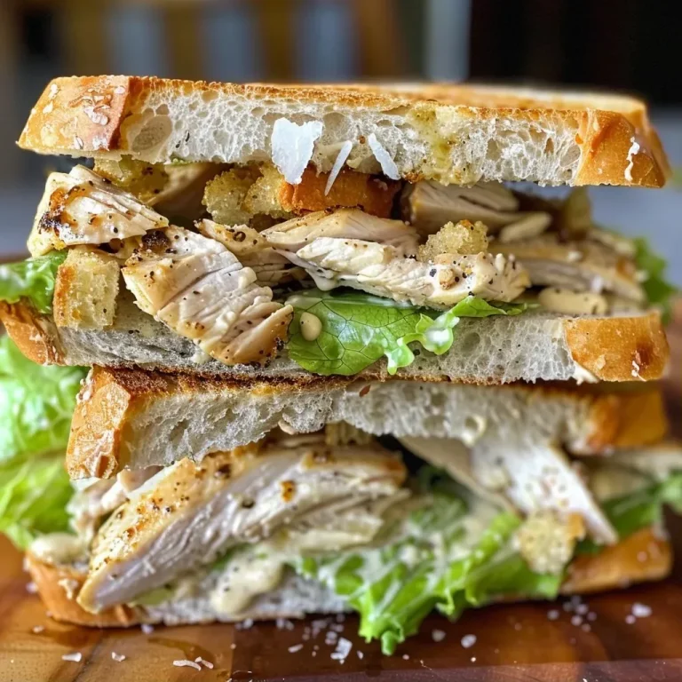 ['Close-up view of a juicy Chicken Caesar Sandwich on ciabatta, showcasing lettuce and Parmesan.', 'Side angle of a delicious Chicken Caesar Sandwich with visible croutons and chicken filling.', 'Detailed shot of a Chicken Caesar Sandwich featuring romaine lettuce and drizzled Caesar dressing.', 'Close-up photo of a Chicken Caesar Sandwich, highlighting the tender chicken and fresh ingredients.']