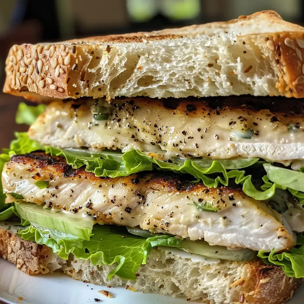 Close-up view of a juicy Chicken Caesar Sandwich on ciabatta, showcasing lettuce and Parmesan.