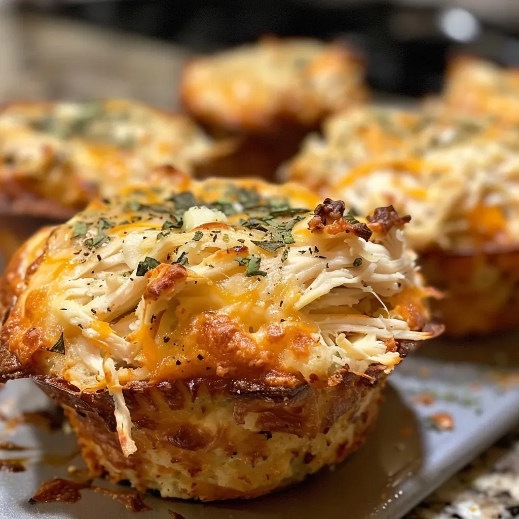 Close-up view of golden-brown Chicken Muffins with visible chunks of chicken and veggies.