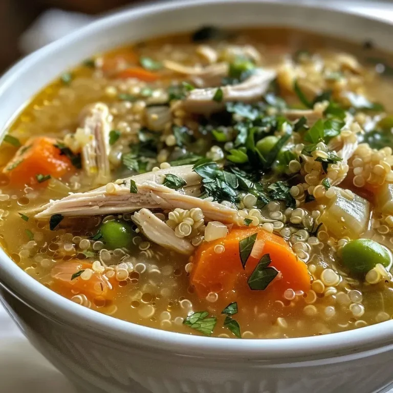 ['Close-up of a steaming bowl of Chicken Quinoa Soup, featuring vibrant vegetables and shredded chicken.', 'Side view of a hearty Chicken Quinoa Soup filled with carrots, celery, and quinoa in a rich broth.', 'Detailed look at Chicken Quinoa Soup garnished with fresh parsley, showcasing its colorful ingredients.', 'A cozy bowl of Chicken Quinoa Soup on a wooden table, highlighting the rich textures of the ingredients.']