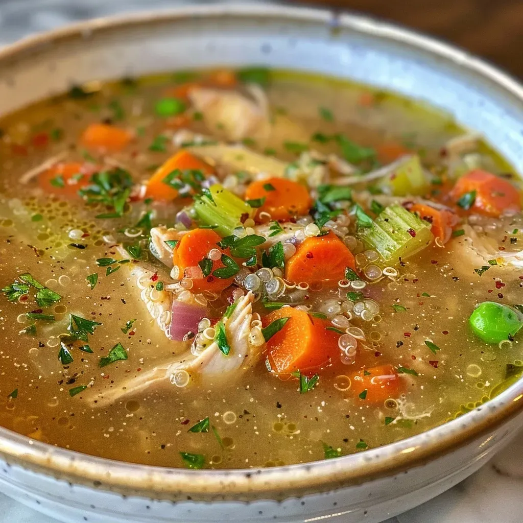 Close-up of a steaming bowl of Chicken Quinoa Soup, featuring vibrant vegetables and shredded chicken.